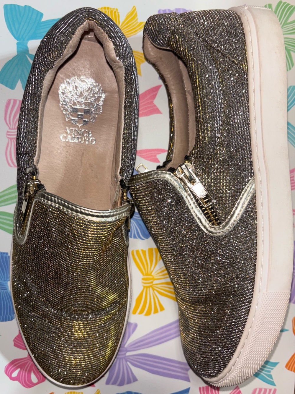 Vince Camuto Metallic Dual-Toned Gold & Silver Slip-On Glitter Sneakers- Sz 8